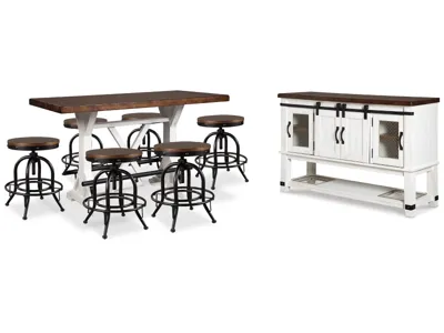 Signature Design by Ashley Valebeck Counter Height Dining Table, 6 Barstools and Server - D546D32
