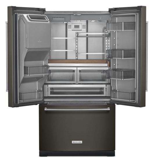 36" KitchenAid 26.8 Cu. Ft. Standard-Depth French Door Refrigerator in Black Stainless Steel - KRFF577KBS